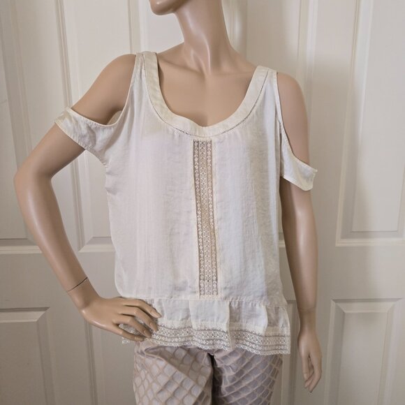 Hinge Lace Trimmed Cold Shoulder Shirt SZ S - Picture 1 of 8